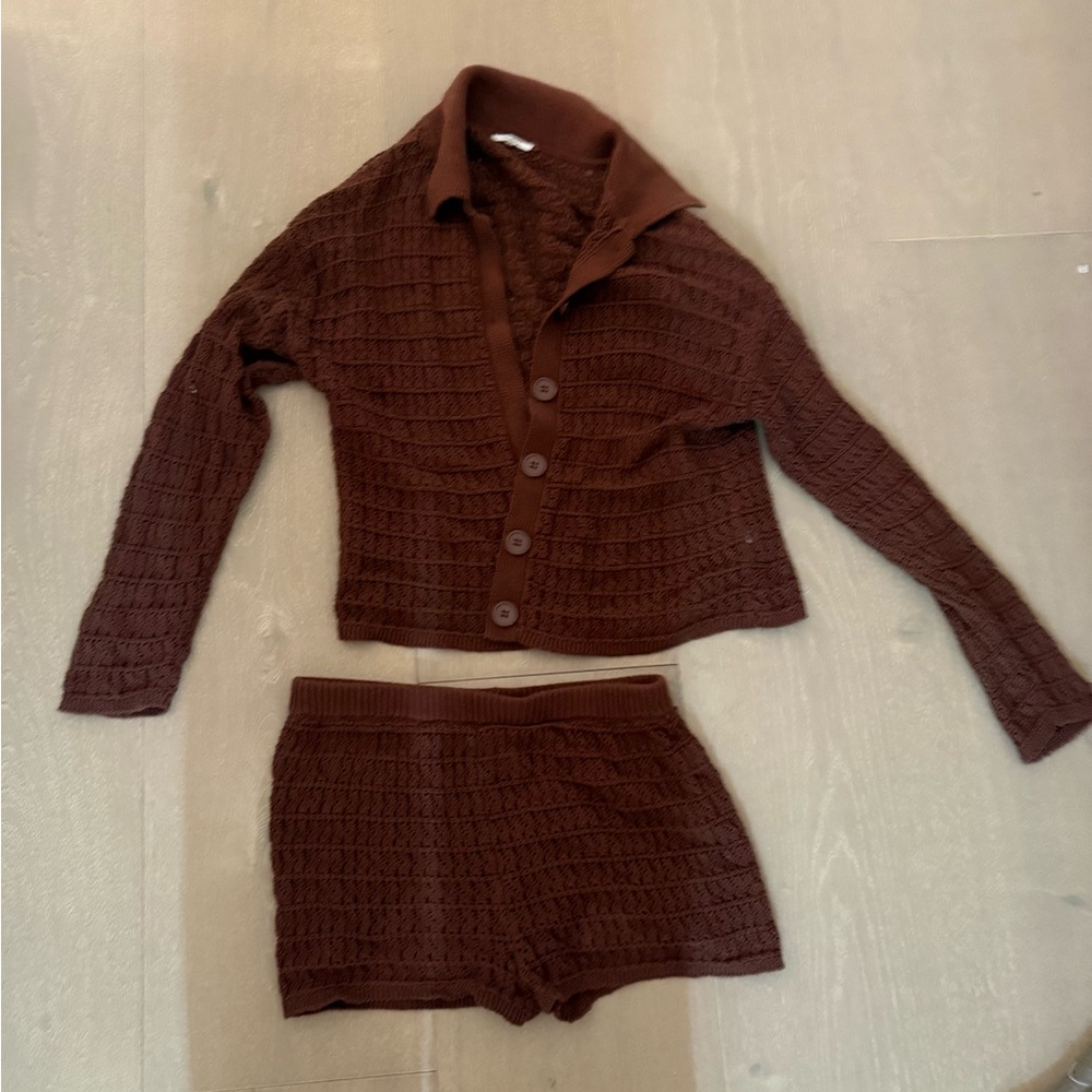 Tularosa Chocolate Brown Knit Button-Up Top & Shorts Set
